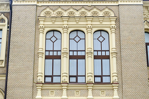 Rybinsk, Russia - October 08, 2025 Windows of the Rybinsk State Historical, Architectural and Art Museum-Reserve, facade elements