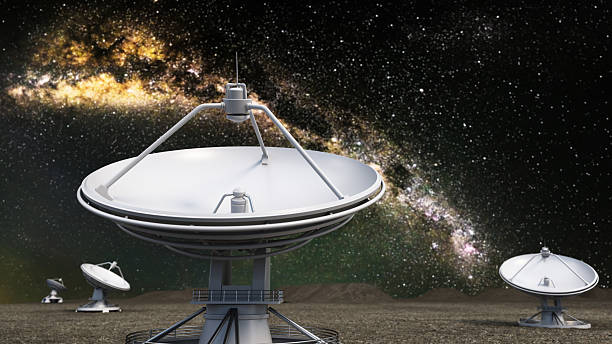 istock Space communication concept with advanced satellite dishes on a desert area. 3D illustration 2240379669