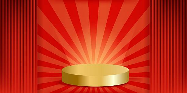Bright red retro spotlight background with golden light podium and top stage lighting. Perfect for vintage performance circus. Vector illustration with empty space for text