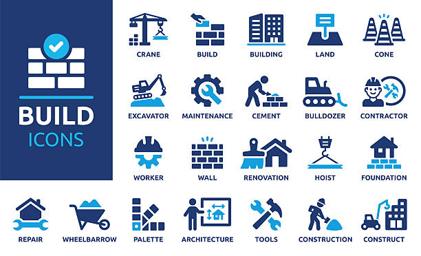 bau icon-set - baustelle stock-grafiken, -clipart, -cartoons und -symbole