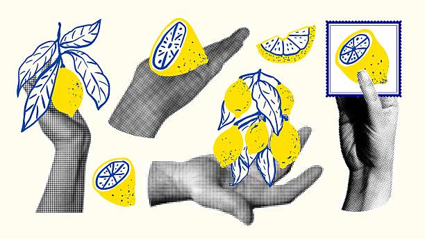 Set of retro collage elements with lemons and lemon slices with leaves. Halftone hands in vintage style.