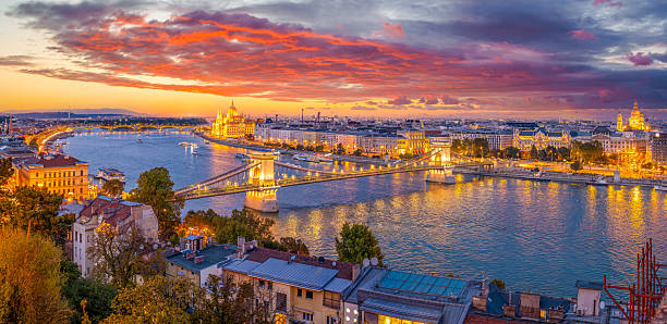 Panoramic view over Szechenyi Chain Bridge, Danube River and Parliament building in Budapest, Hungary.
