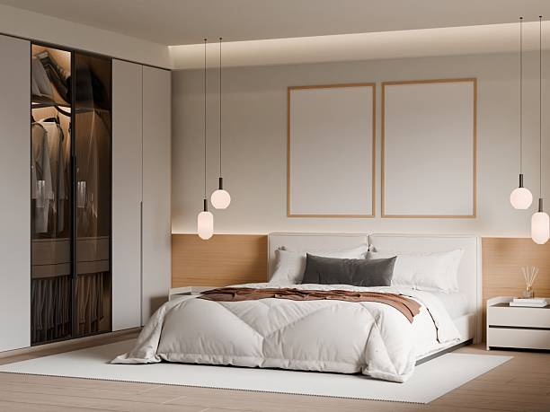 istock Modern Minimalist Bedroom Interior with Frame Poster Mockup - 3d Render 2240403365
