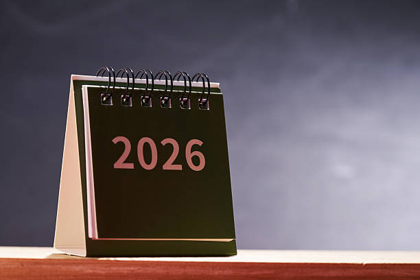 istock desk calendar 2026 against chalkboard 2240407215