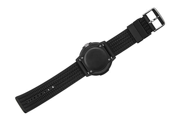 istock Military-style black wristwatch with a black canvas strap and red second hand, isolated on white. 2240408986