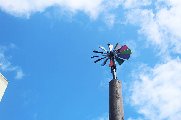 Windmill wind direction indicator against blue sky background.