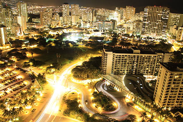 High quality nighttime stock photos of a downtown city district.