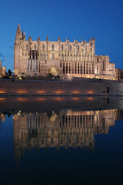 Palma de Mallorca, Spain -23 June, 2025:  Palma Cathedral lit up at night, Mallorca, Spain