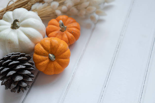 istock Rustic fall background pine cones and mini pumpkins with free copy space for text over a white wooden background. 2240415575