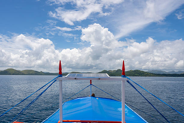 Perspective from boat bow to lagoon and islands, Palawan