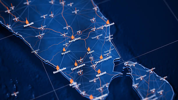istock Salem map big data visualization. Futuristic map infographic of city in India. Visual map data complexity in modern blue and orange colors 2240430106
