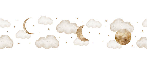 istock Watercolor border featuring moon phases, crescent moon flying beige clouds, dreams, baby's sleep. Hand-drawn illustration in childish style. Seamless banner isolated from background for nursery design 2240438766