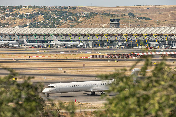 istock Wide-angle view of the main runway with three aircraft moving simultaneously in different directions 2240439360