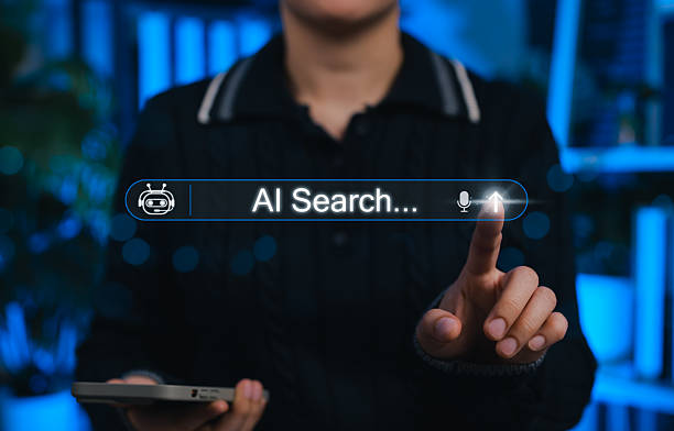 AI search engine technology concept. Woman interacts with search bar AI Search representing artificial intelligence, chatbot, data cloud, global connectivity and future search engine innovation. AEO, GEO,