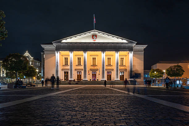 Vilnius, Lithuania - October 3, 2025: City Hall building at night with long exposure