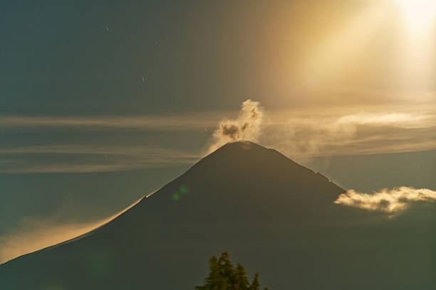 Puebla city and Popocatepetl volcanic landscape during rain with bright lightning