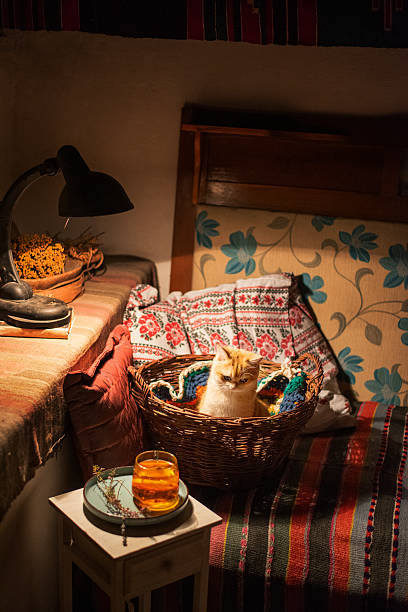 A cozy rustic interior with a cat resting in a basket under warm lamplight. A cup of tea, woven textiles, and soft colors create a peaceful village evening atmosphere.