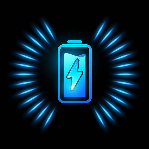 istock Wireless charging device sign with battery and lightning, neon blue, and circular charging lines. 2240462397