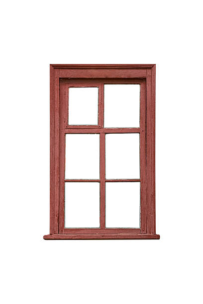 Small red brown wooden window frame with six sashes is isolated.