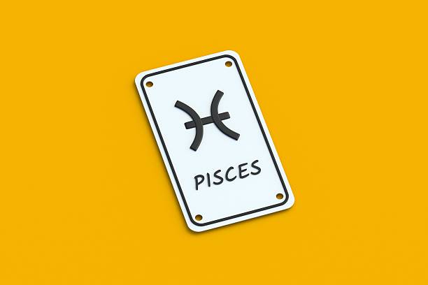 Pisces astrological sign on metal plate. Horoscope and numerology. 3d render