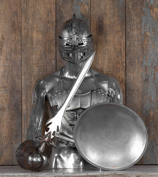 knight's helmet, sword and armor