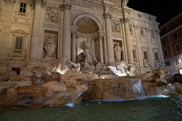 The Trevi Fountain in Rome at night , Italy , on April 16, 2017