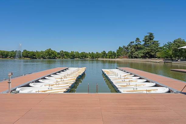 Madrid, Spain - 19 July 2018: Buen Retiro Park Madrid, Spain. Biggest and famous Madrid public park. Lake in the park, place for rent a boat