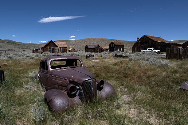Vintage abandoned coupe wreck in Bodie State Historic Park.