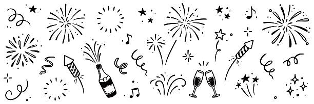 Firework vector new year set. Hand drawn background with doodle sparkler, firecracker and confetti for new year, birthday or holiday celebration. Sketch firework party style. Vector illustration