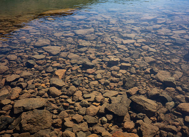 Transparent mountain lake water showing stones beneath the surface under bright sunlight.