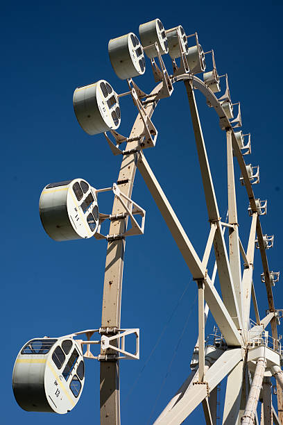 Close-up of a Ferris wheel‚ circular cabins and white metal structure against a clear blue sky.