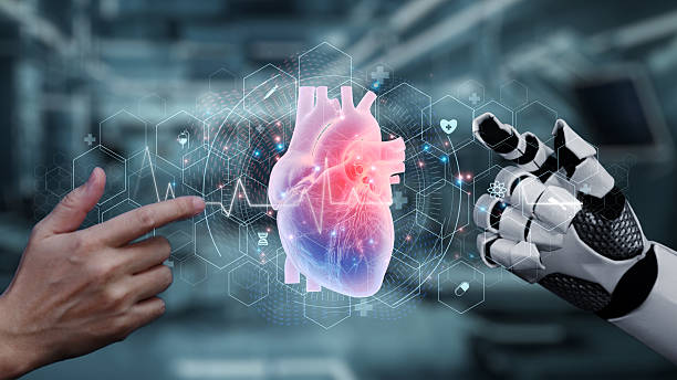istock Robot and human reach hand and point finger with heart icon float. Salubrious. 2240503561
