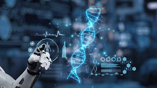 istock Close up of robot hand pointing and tapping at DNA hologram at lab. Salubrious. 2240503601