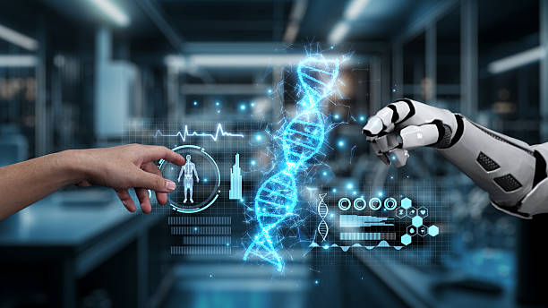 istock Robot and human reach hand and point finger with DNA icon float. Salubrious. 2240503625