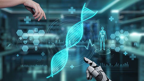istock Robot and human reach hand and point finger with DNA icon float. Salubrious. 2240503626