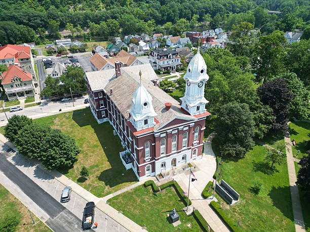 Franklin, Pennsylvania, USA August 4, 2025 The Venango County Courthouse, built in 1868 seen from above from a drone on a sunny summer day