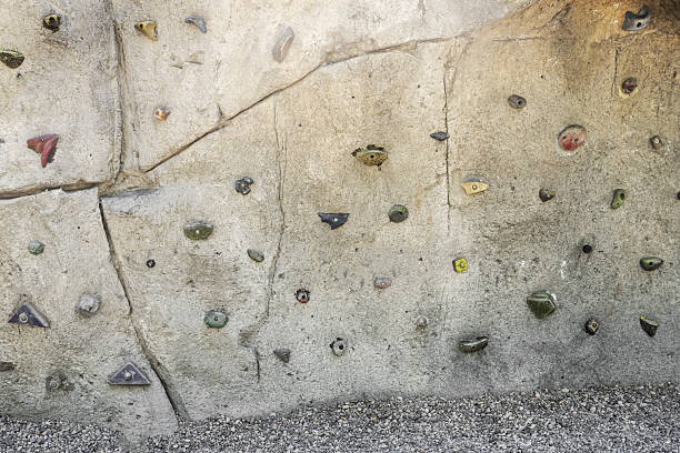 A rock wall in a park with holds for climbing