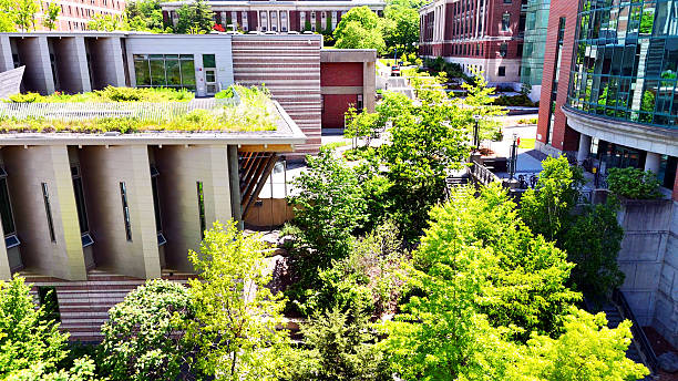 Aerially moving laterally while maintaining a focus on the educational building directly ahead and showcasing the features of sustainable design as it sets the standard for what the industry should be striving to achieve. Syracuse, NY, USA - May 30, 2025.