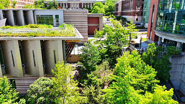 Aerially moving laterally while maintaining a focus on the educational building directly ahead and showcasing the features of sustainable design as it sets the standard for what the industry should be striving to achieve. Syracuse, NY, USA - May 30, 2025.