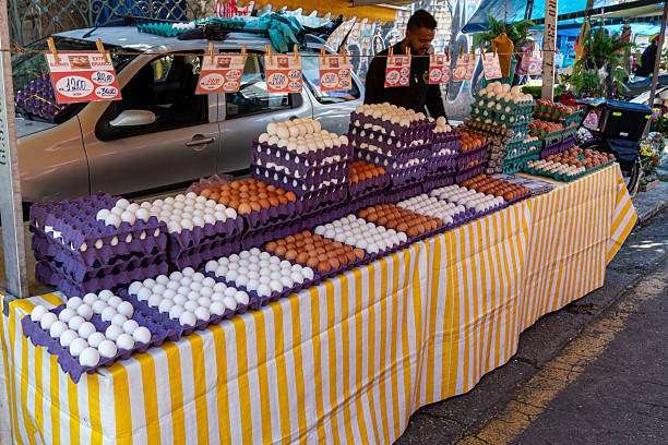 São Paulo, SP, Brazil - September 27th, 2025: Assorted egg stall at a street market in Barra Funda.