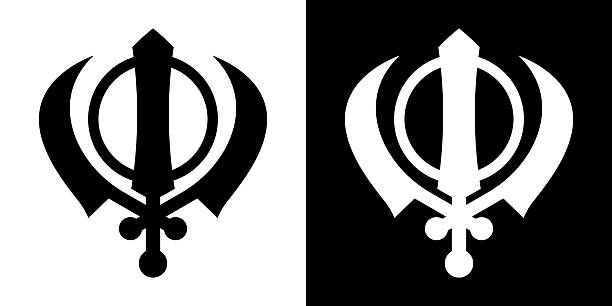istock Black white Khanda Sikh religious symbol, Punjab Sikhism element for Guru Nanak Jayanti Gurpurab festival celebration poster design. India culture. Vector illustration 2240528223