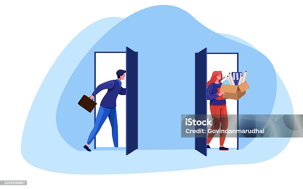 Staff turnover and job rotation in human resources, recruitment and replacement process, businessman new hire entering workplace while resigned employee leaves for new career opportunity Employee stock vector Staff turnover and job rotation in human resources, recruitment and replacement process, businessman new hire entering workplace while resigned employee leaves for new career opportunity Employee stock vector