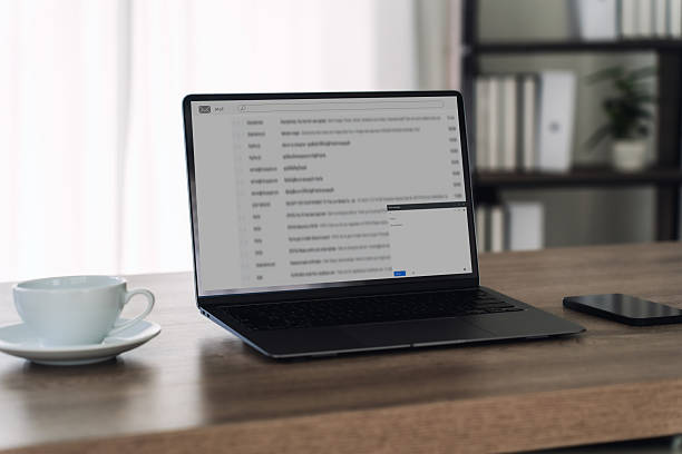 istock Open laptop showing electronic mail inbox business online marketing, digital network communication, email from computer send and receive digital online network ideal for marketing communication 2240531252