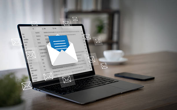 mail communication connection message to mailing inbox email client and floating envelope icons on a wooden desk, newsletter delivery and notifications. - e mail imagens e fotografias de stock