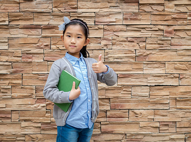 Asian Pupils on Stone Wall Background