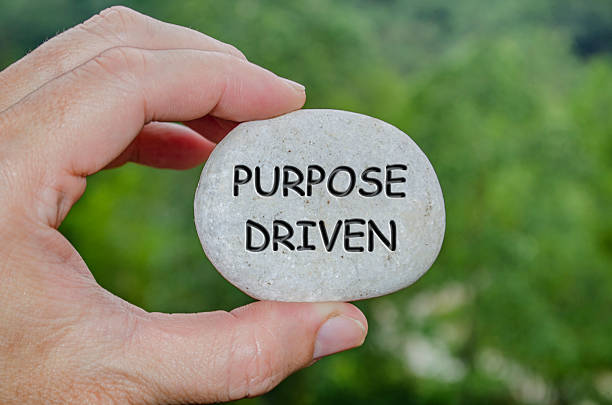 istock Hand holding a white stone with PURPOSE DRIVEN text engraved on it, portraying life purpose of direction and meaningful ambition. 2240542980