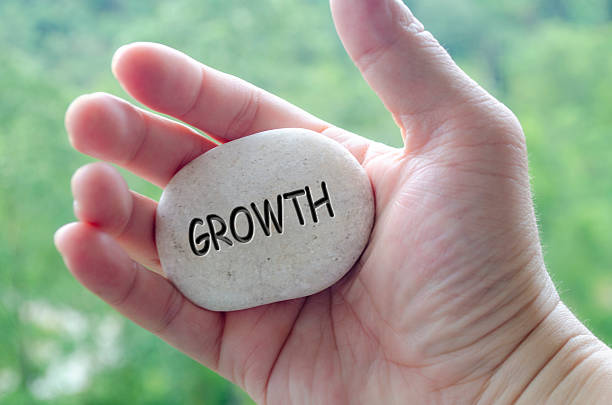 istock Hand holding a white stone with GROWTH text engraved on it, symbolizing life purpose of learning, evolution, and progress. 2240542996