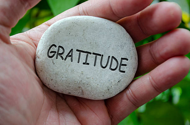 istock Hand holding a white stone with GRATITUDE text engraved on it, representing life purpose centered on thankfulness and mindful living. 2240543006