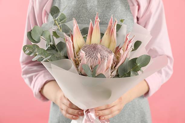 istock Florist with beautiful bouquet on pink background, closeup 2240547636