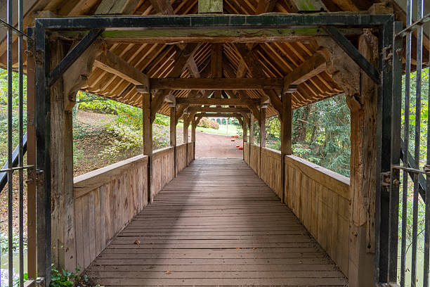 Covered bridge in summer surrounded by lush foliage, country road